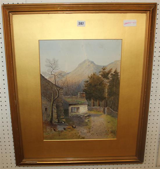 A* Hamilton, mountain landscape with cottage & chickens, signed, watercolour